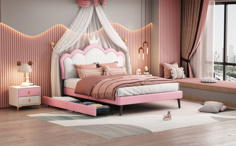 Full Size Princess Bed With Crown Headboard and 2 Drawers, Full size Platform Bed with Headboard and Footboard,White+Pink