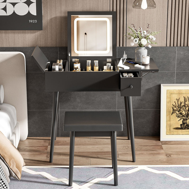 Makeup Vanity Desk With Flip Top Mirror And LED Light, Dressing Table With Charging Station, 2 Drawers And Fold Up Panel, Vanity Set With Cushioned Stool For Bedroom - Black