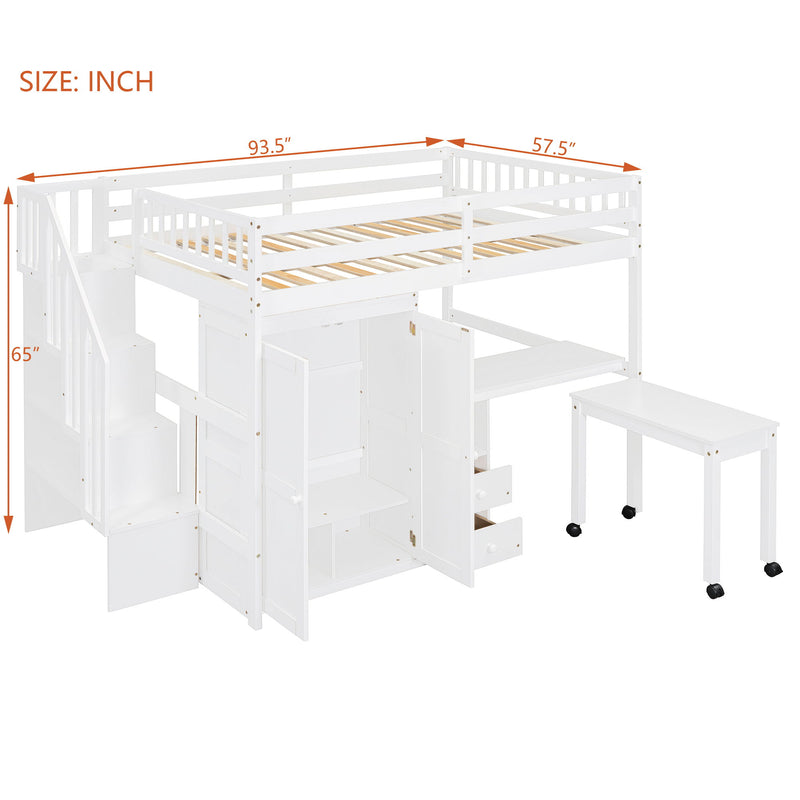 Loft Bed With Stairs, Bookshelf, Drawers, Desk & Wardrobe, Space Saving Multifunctional Furniture