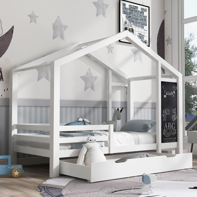 Twin House Bed With Blackboard And Drawers, 2 Assembly Options - White