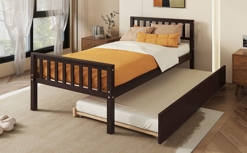 Twin Bed With Trundle, Platform Bed Frame With Headboard And Footboard, For Bedroom Small Living Space, No Box Spring Needed