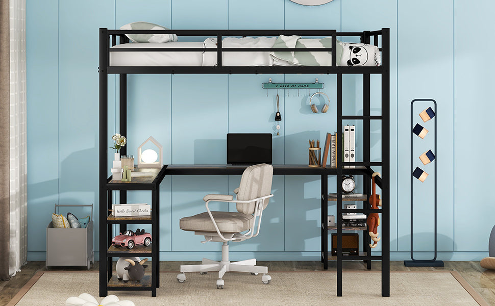 Full Metal Loft Bed with Desk and Shelves, Loft Bed with Ladder and Guardrails, Loft Bed Frame for Bedroom, Black (Old SKU: W1307S00016) (Pre-sale date: 2024/3/7.)