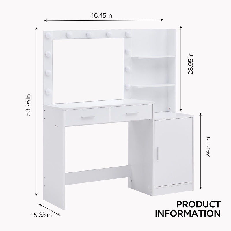 Vanity Desk With Mirror And Lights, 46.4In Dressing Table With 2 Large Drawer & Large Vertical Organizer, 3 Level Dresser & 3 Lighting Modes Adjustable Brightness, Suitable For Bedroom