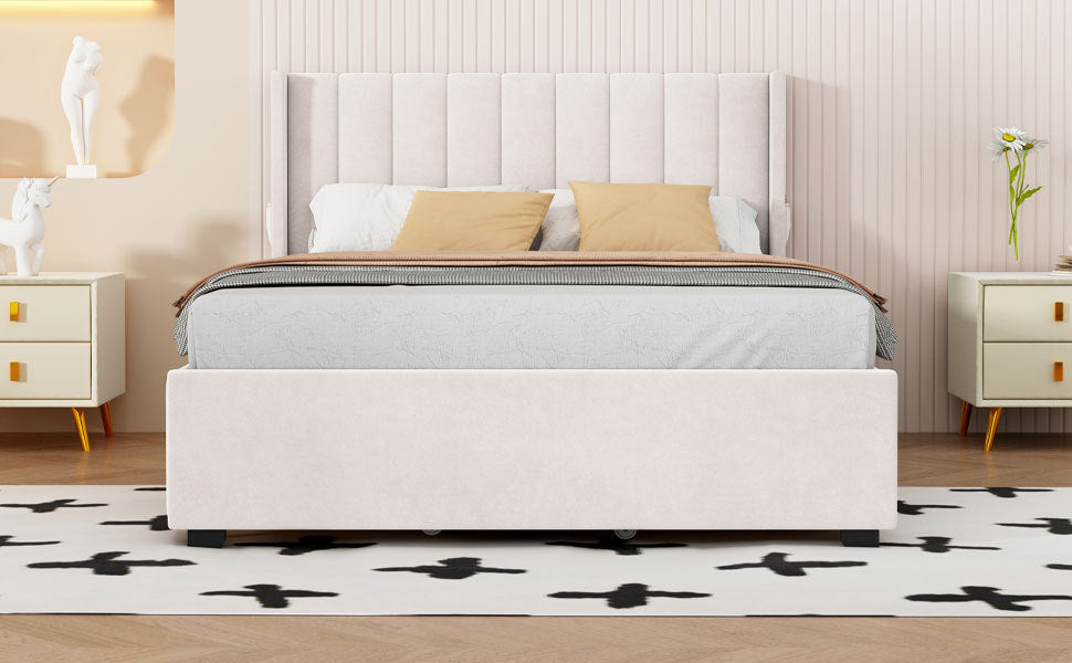 Full Size Upholstered Bed with 4 Drawers, Beige - Atlantic Fine Furniture Melbourne FL