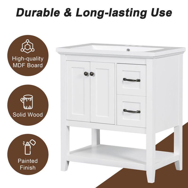 Bathroom Vanity With Ceramic Sink Top, Vanity Cabinet With Multi-Functional Drawer, Solid Wood Legs - White