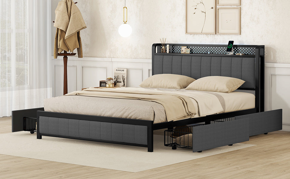 Queen Bed Frame with LED Headboard, Upholstered Bed with 4 Storage Drawers and USB Ports, Dark Grey - Atlantic Fine Furniture Melbourne FL