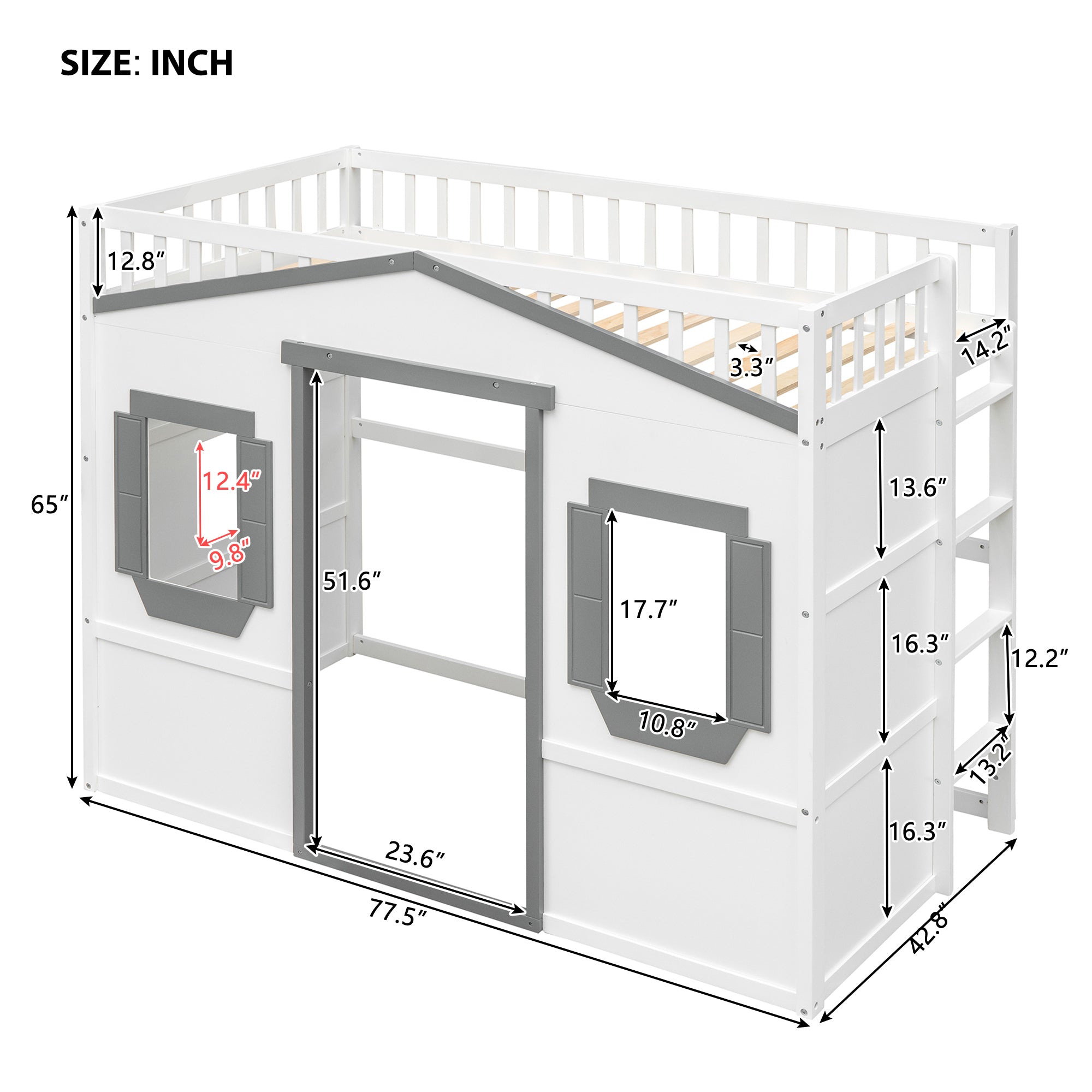 Twin Size House Loft Bed With Ladder-White+Gray Frame - Atlantic Fine Furniture Melbourne FL