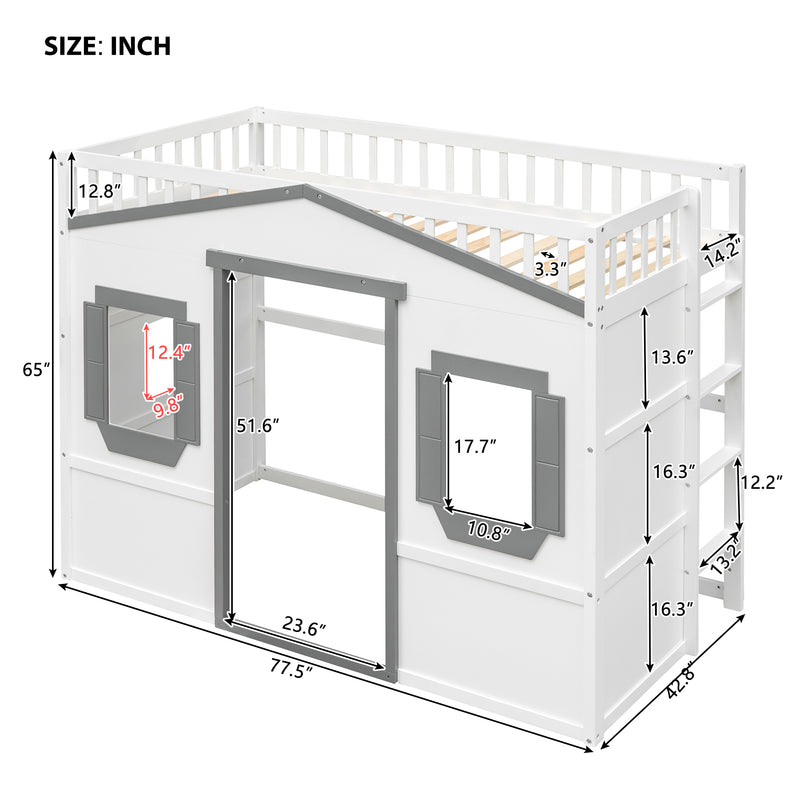 Twin Size House Loft Bed With Ladder-White+Gray Frame