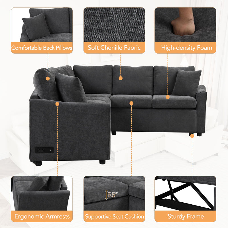 L-Shaped Sofa Convertible Sofa Bed Pull Out Sofa Sleeper With Two Back Pillows, Two USB Ports And Two Power Sockets For Living Room