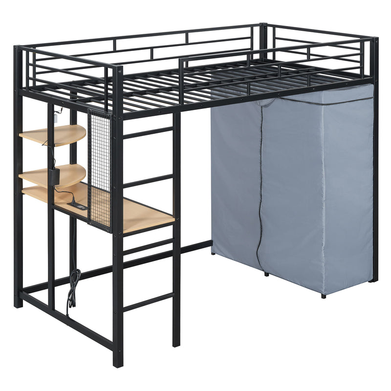 Loft Bed With Desk, Shelves, Power Outlet, LED Light And Wardrobe