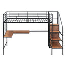 Twin Size Metal Loft Bed with Desk and Metal Grid, Stylish Metal Frame Bed with Lateral Storage Ladder and Wardrobe, Black