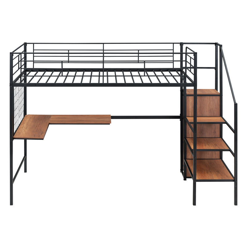 Twin Size Metal Loft Bed with Desk and Metal Grid, Stylish Metal Frame Bed with Lateral Storage Ladder and Wardrobe, Black