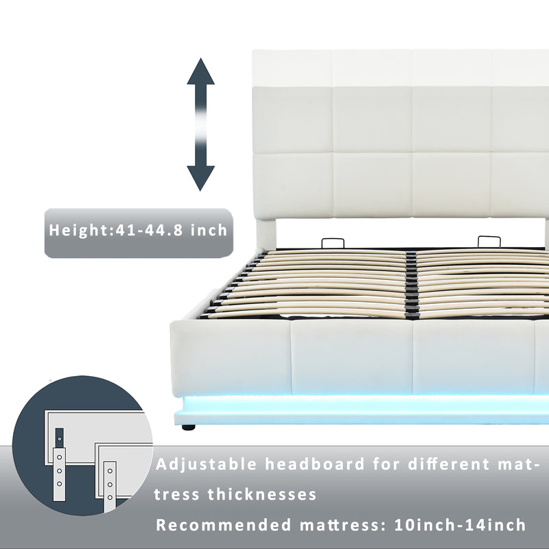 Tufted Upholstered Platform Bed with Hydraulic Storage System,Queen Size PU Storage Bed with LED Lights and USB charger, White