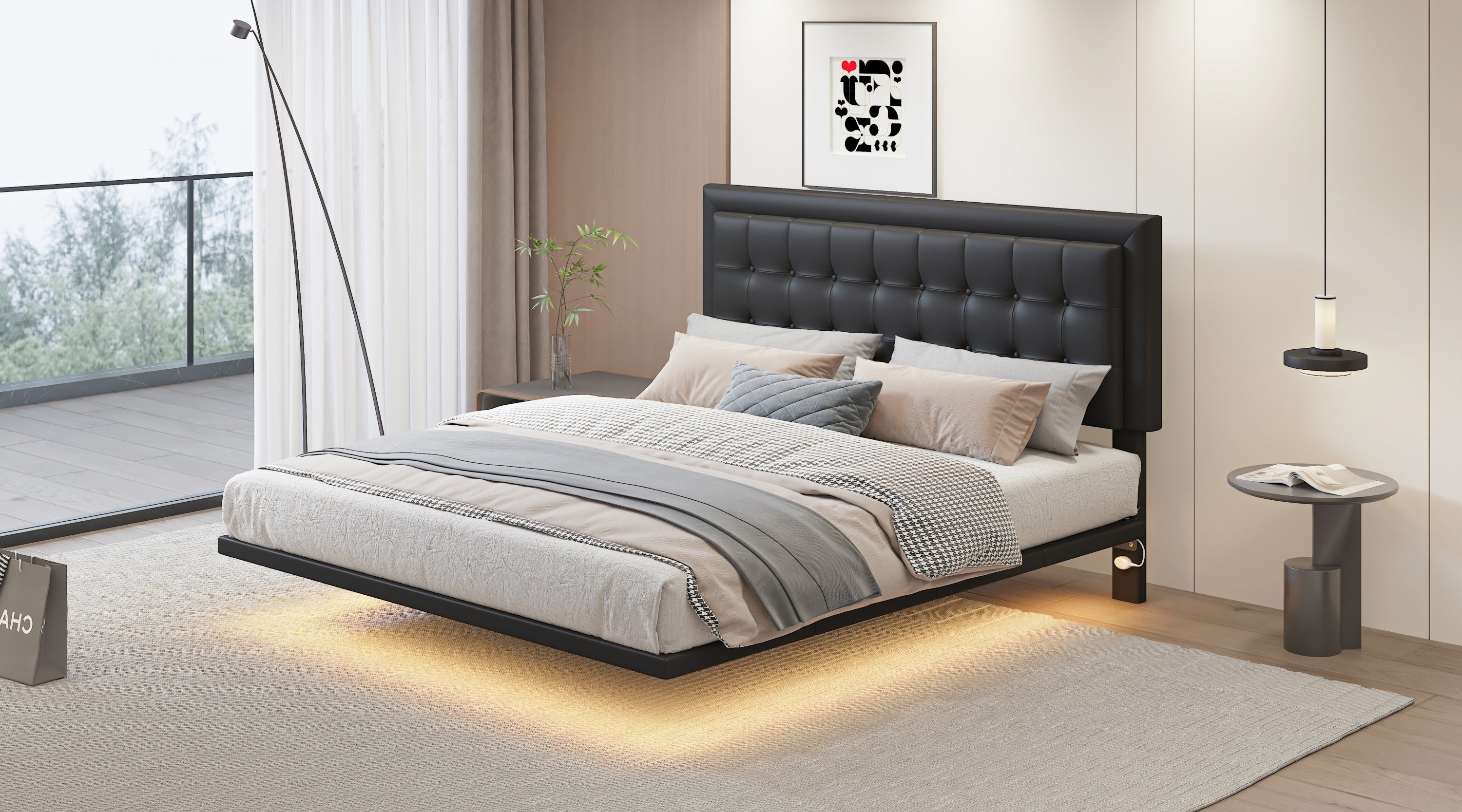 Queen Size Floating Bed Frame with Motion Activated Night Lights,Modern PU Upholstered Button Tufted Platform Bed Frame,Black - Atlantic Fine Furniture Melbourne FL