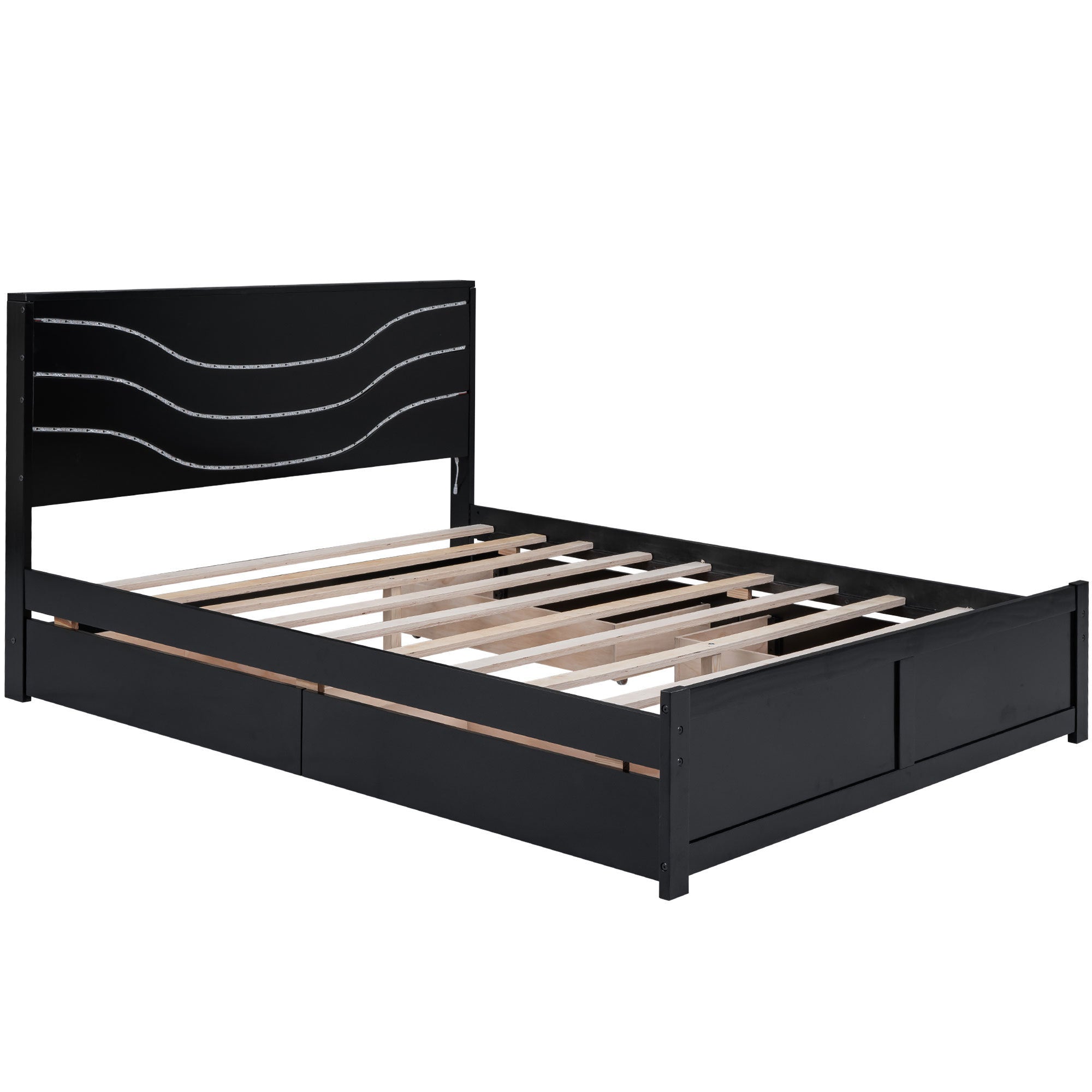 Queen Size Wood Storage Platform Bed with LED and 4 Drawers, Black - Atlantic Fine Furniture Melbourne FL