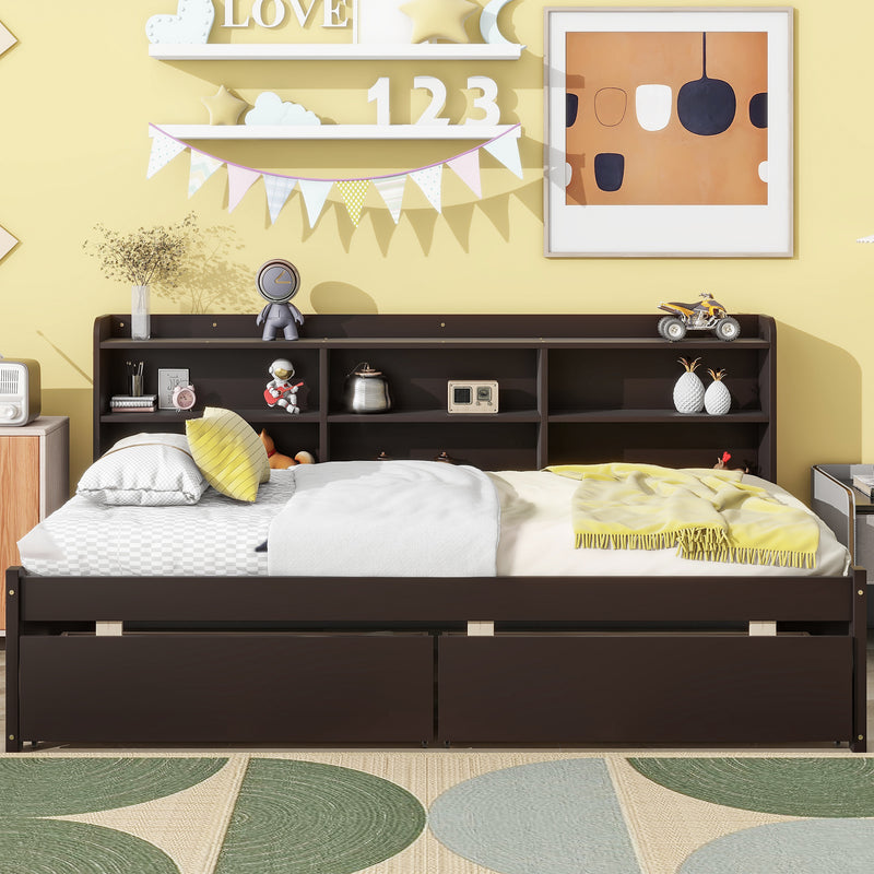 Twin Bed with Side Bookcase, Drawers ,Espresso