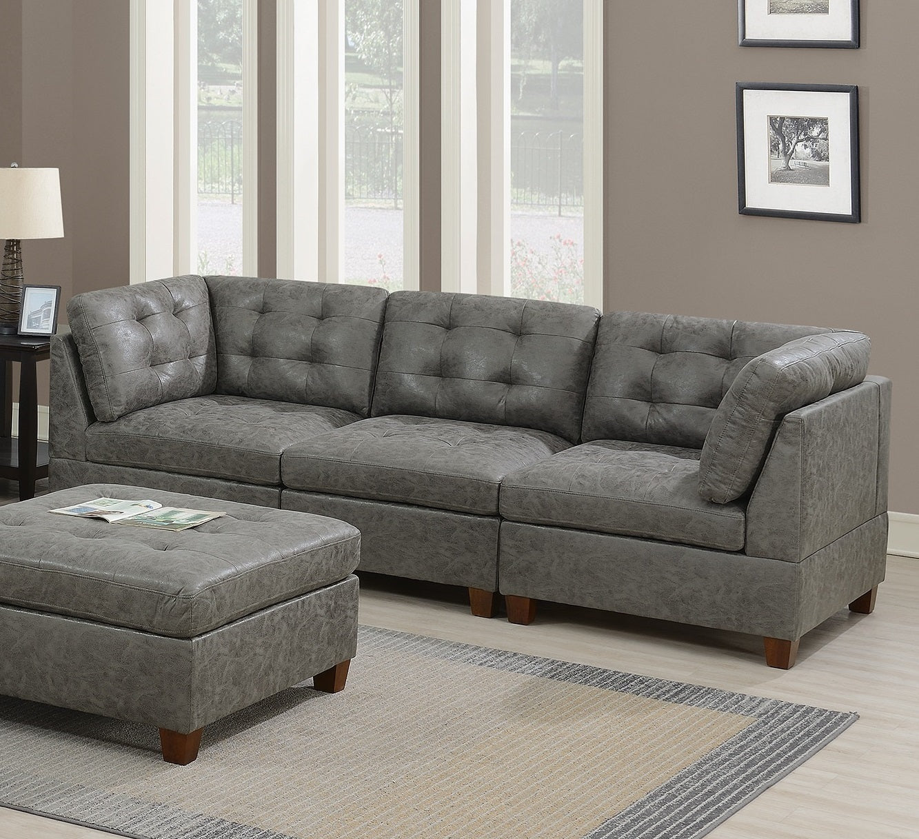 Living Room Furniture Antique Grey Modular Sofa Set 6pc Set Breathable Leatherette Tufted Couch 4x Corner Wedge 1x Armless Chair and 1x Ottoman