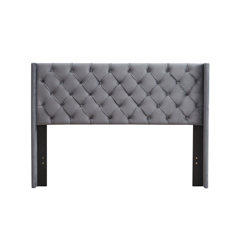 Velvet Button Tufted-Upholstered Bed With Wings Design Strong Wood Slat Support Queen Platform Bed - Gray