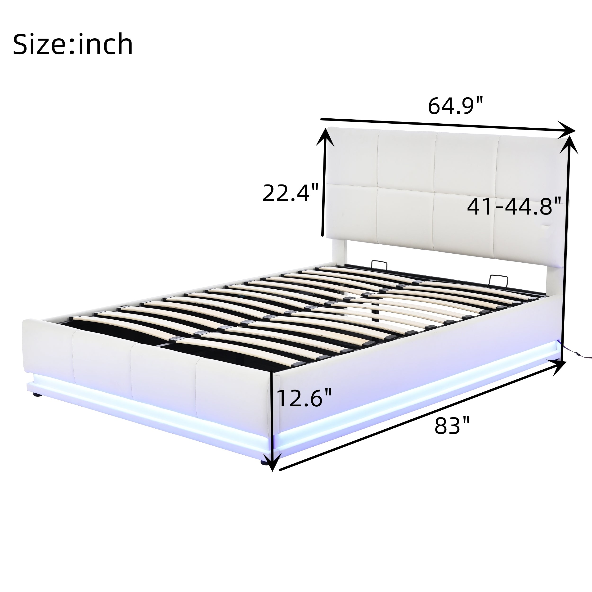 Tufted Upholstered Platform Bed with Hydraulic Storage System,Queen Size PU Storage Bed with LED Lights and USB charger, White