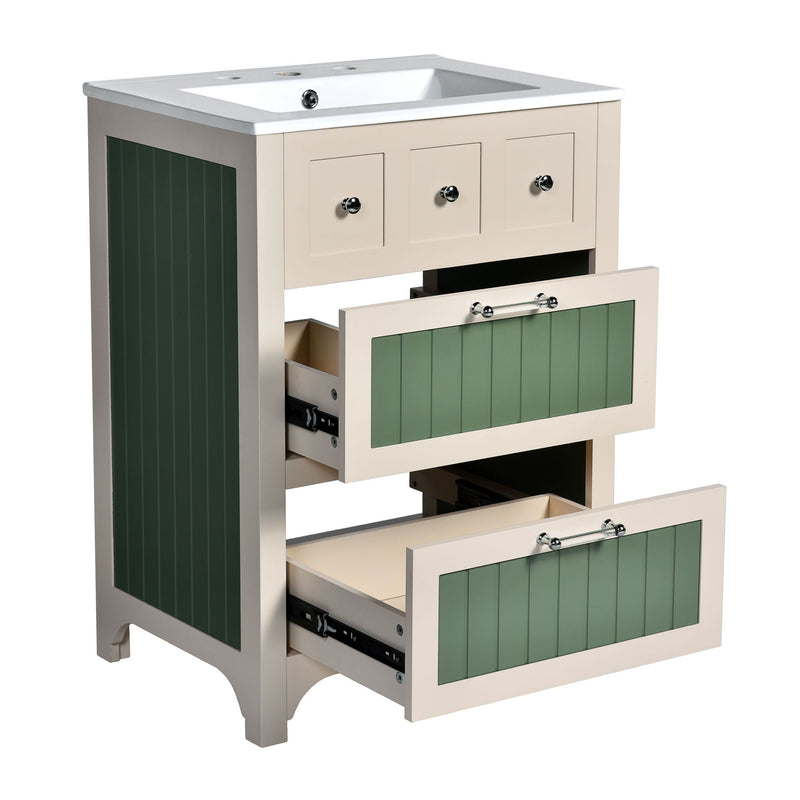 Bathroom Vanity With Ceramic Sink, Bathroom Vanity Cabinet With 2 Drawers, Wooden Bathroom Sink Cabinet - Beige / Green