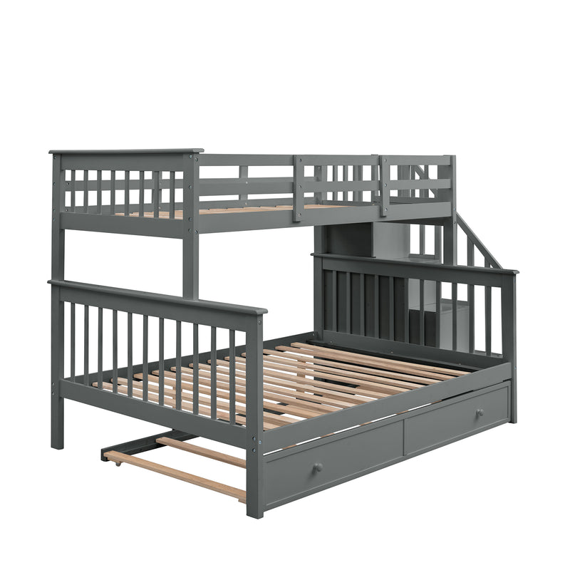 Stairway Twin-Over-Full Bunk Bed with Twin size Trundle, Storage and Guard Rail for Bedroom, Dorm, for Adults, Gray(OLD SKU :LT000119AAE)