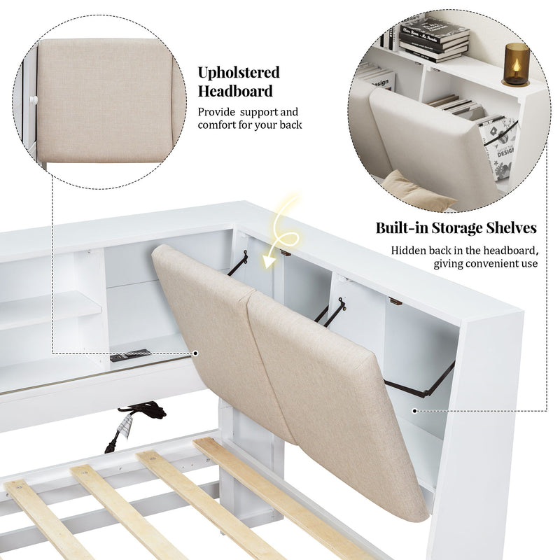 L-Shaped Daybed Corner Bed Under Bed Drawers With Storage Bookcase And Upholstered Headboard And USB Charging Ports