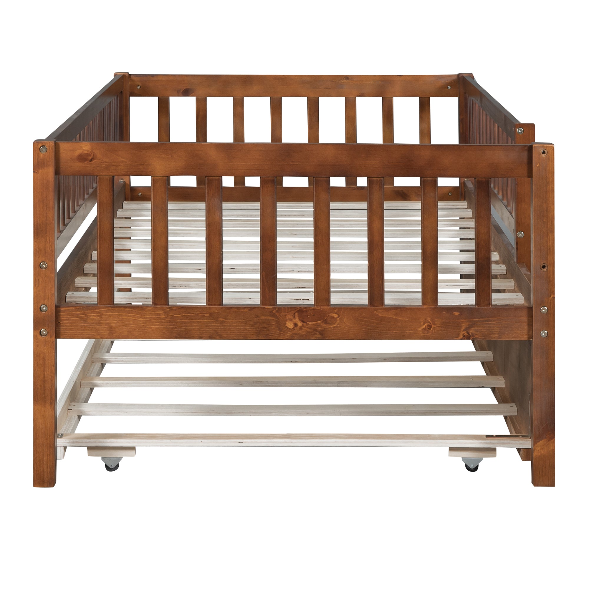 Twin Size Wood Daybed with Trundle and Fence Guardrails, Walnut - Atlantic Fine Furniture Melbourne FL