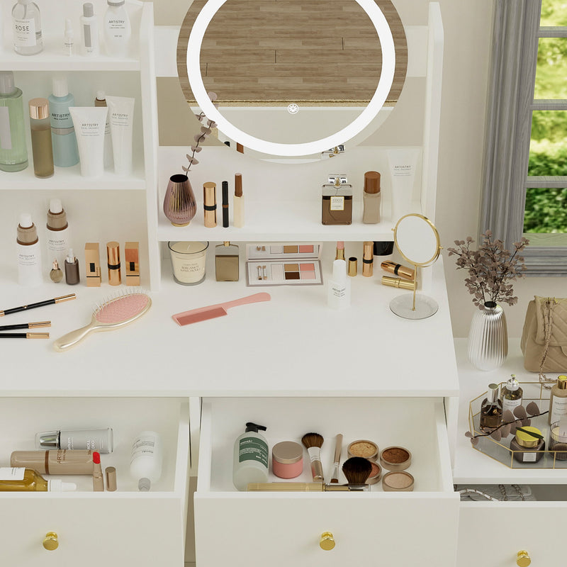 Fashion Vanity Desk With Mirror And Lights For Makeup And Cushioned Chair, Adjustable 3 Color Lighting - White