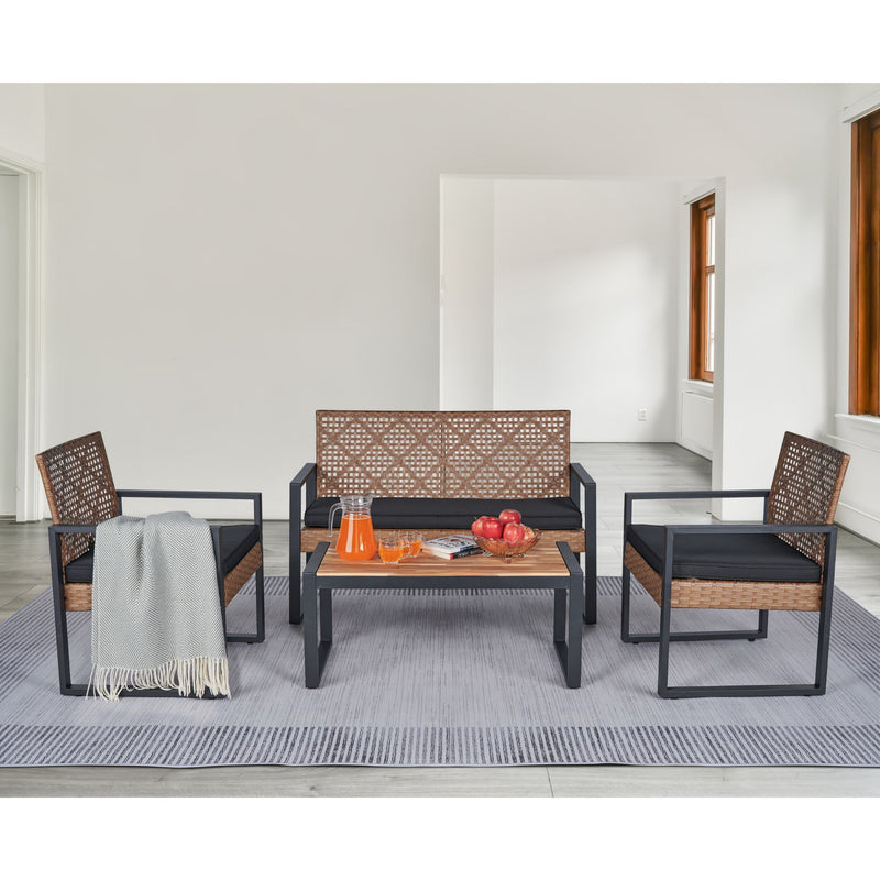 4 Piece Patio Furniture Set With Acacia Wood Table Top And Cushions