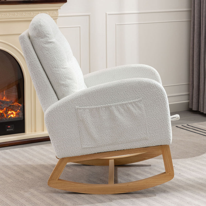 Accent Rocking Chair With Footrest High Back Rubber Wood Rocking Legs Bedroom Living Space - White