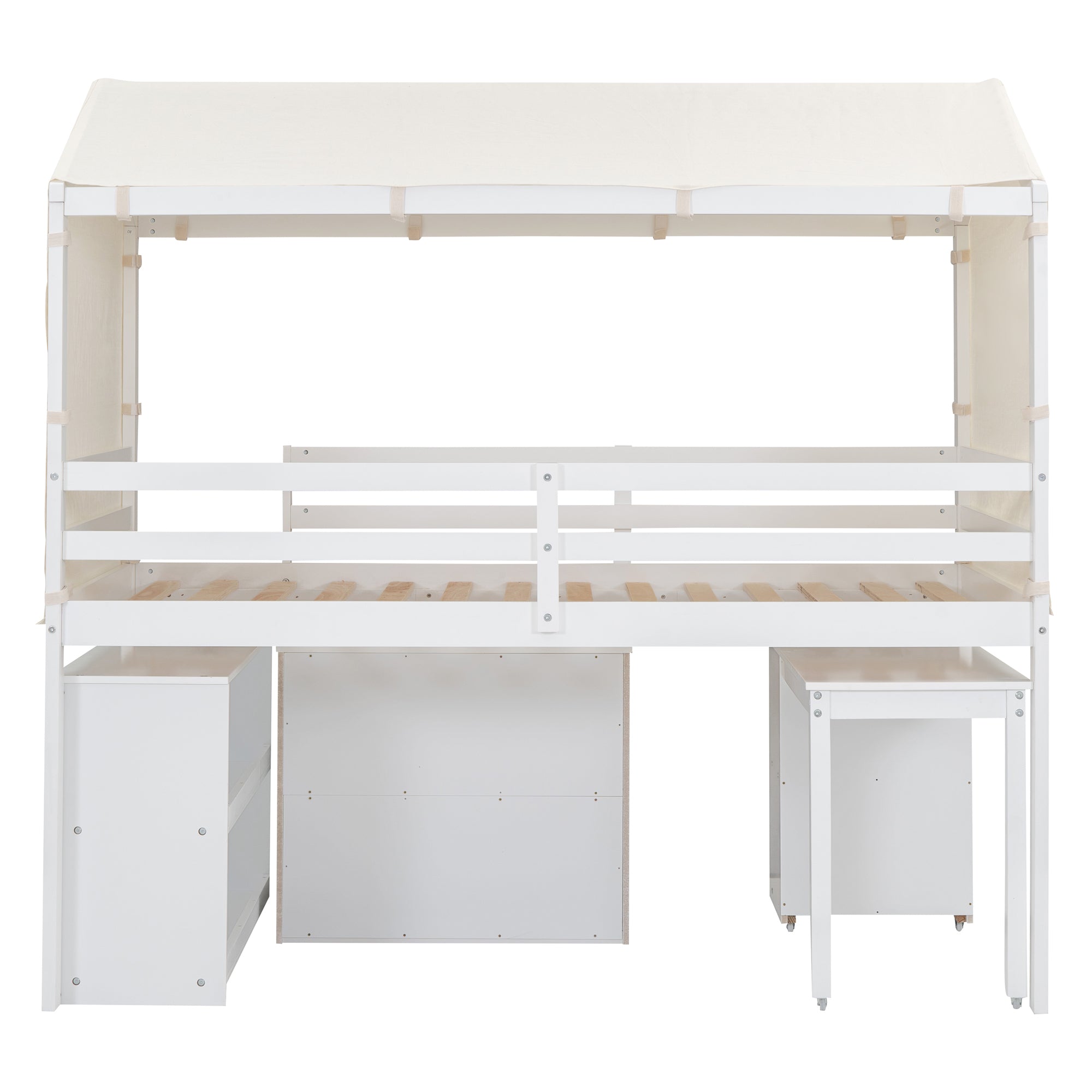 Twin Size Loft Bed with Rolling Cabinet, Shelf and Tent - White - Atlantic Fine Furniture Melbourne FL