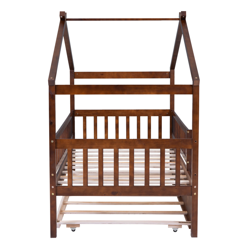 Twin Size Wooden House Bed with Twin Size Trundle, Walnut