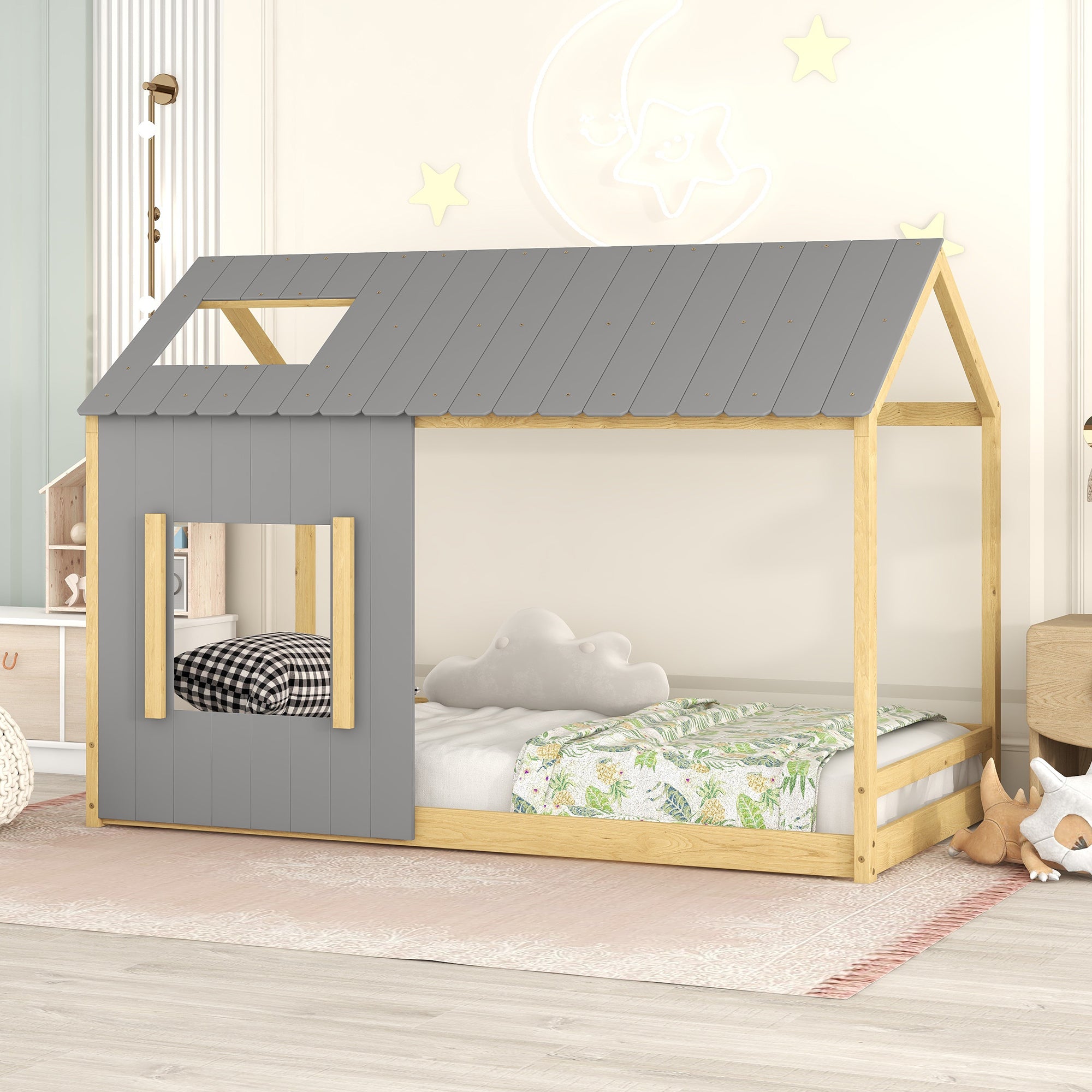 Twin Size House Bed with Roof and Window - Gray+Natural - Atlantic Fine Furniture Melbourne FL