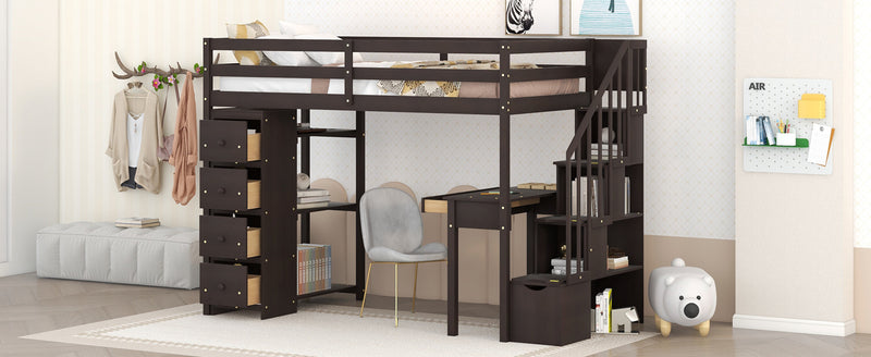 Twin size Loft Bed with Storage Drawers ,Desk and Stairs, Wooden Loft Bed with Shelves - Espresso