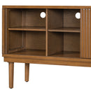 TV Stand With Vertical Slatted Doors And Sliding Panels, Solid Wood Legs - Brown