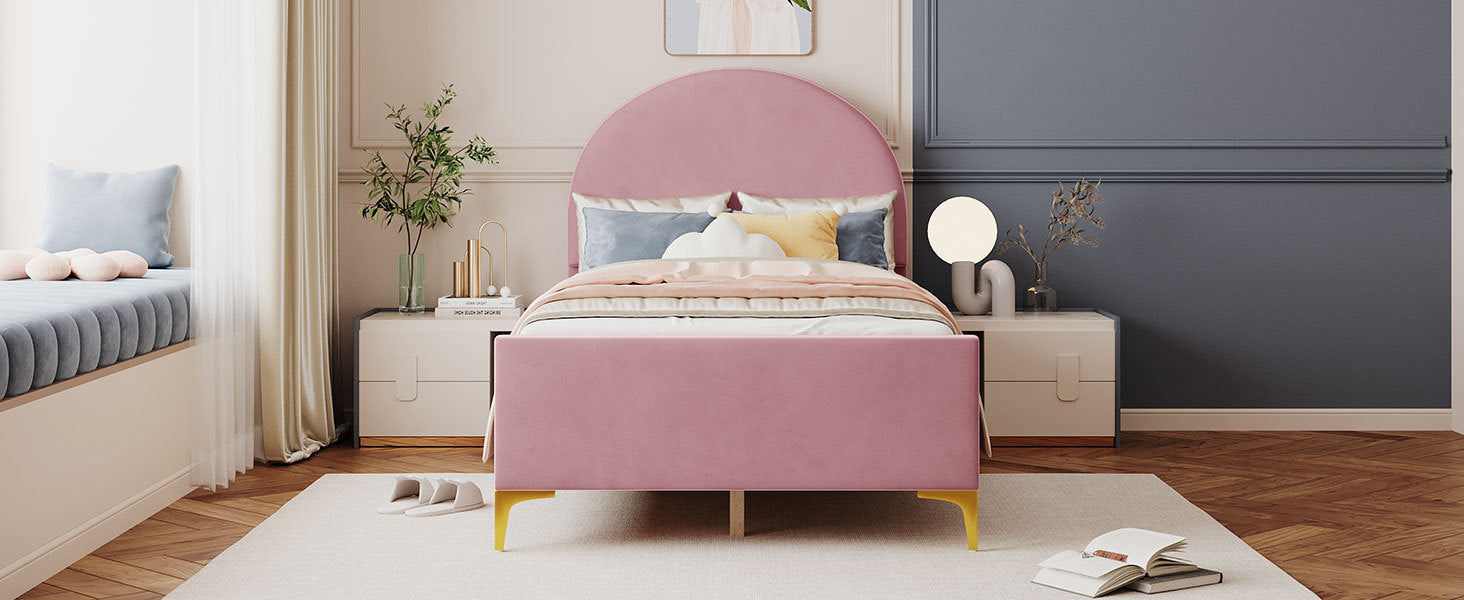 Twin Size Upholstered Platform Bed with Classic Semi-circle Shaped headboard and Mental Legs, Velvet, Pink - Atlantic Fine Furniture Melbourne FL