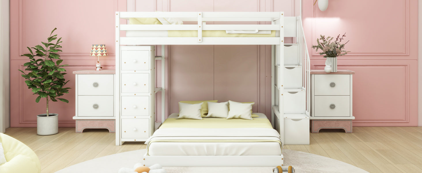 Twin Over Full Bunk Bed with 3-layer Shelves, Drawers and Storage Stairs, White - Atlantic Fine Furniture Melbourne FL