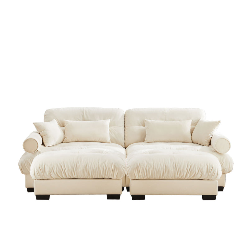 Modern Sectional Sofa With Ottoman, Round Bolster Armrests, Waist And Throw Pillows