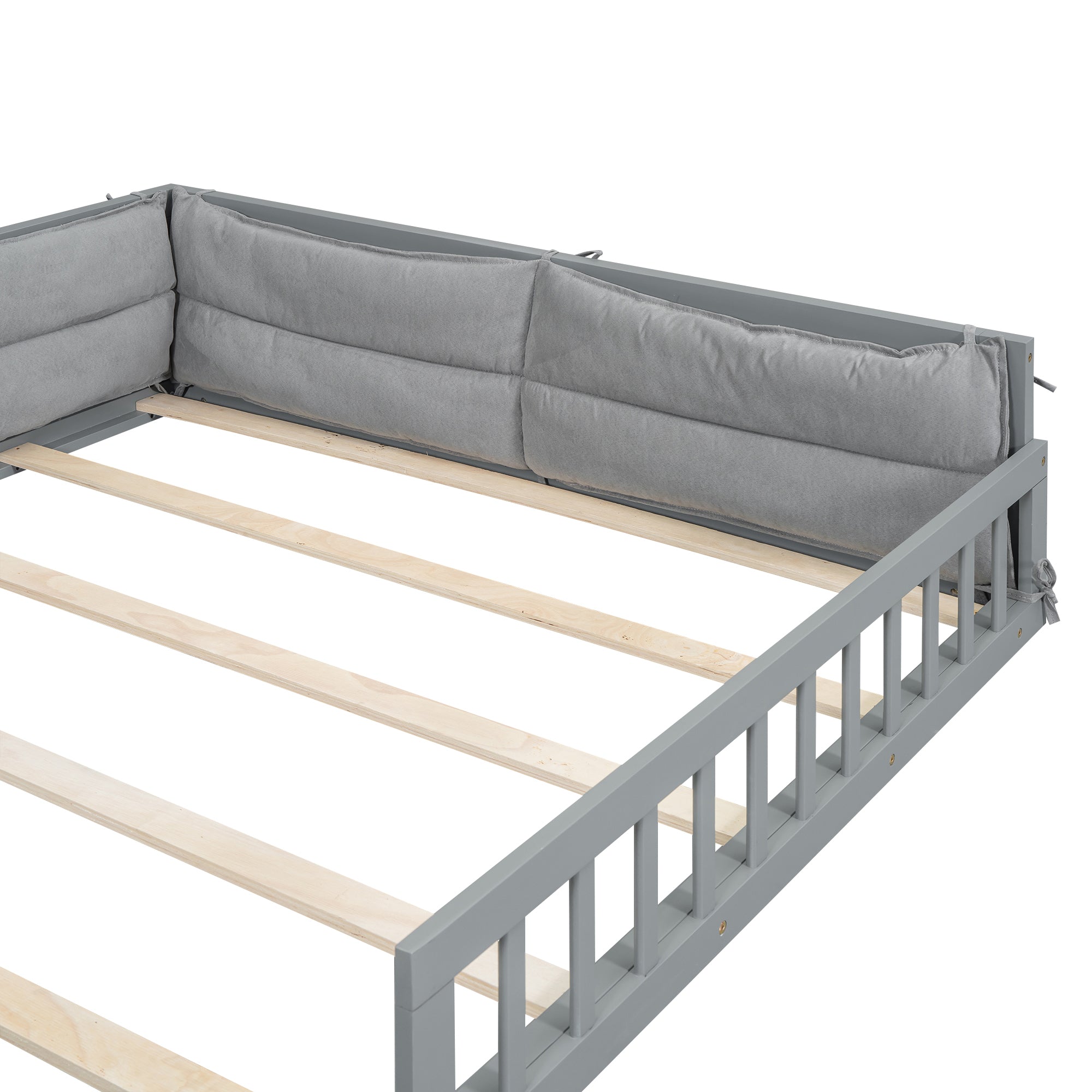 Wood Full Size Upholstered Platform Bed with Guardrail and Pillow, Gray - Atlantic Fine Furniture Melbourne FL