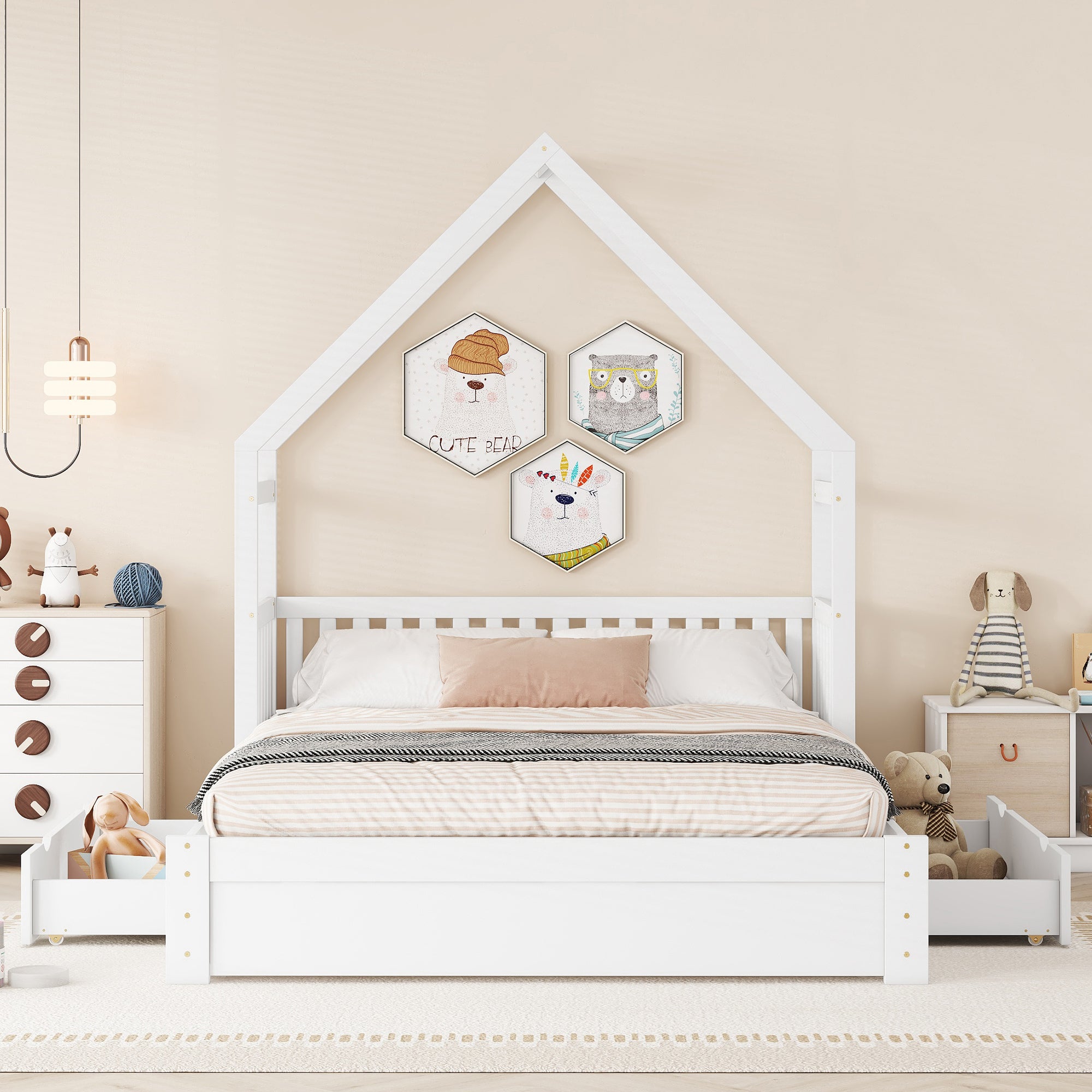 Wood Queen Size House Platform Bed with Guardrail and 2 Drawers, White (Expected Arrival Time:4.26) - Atlantic Fine Furniture Melbourne FL