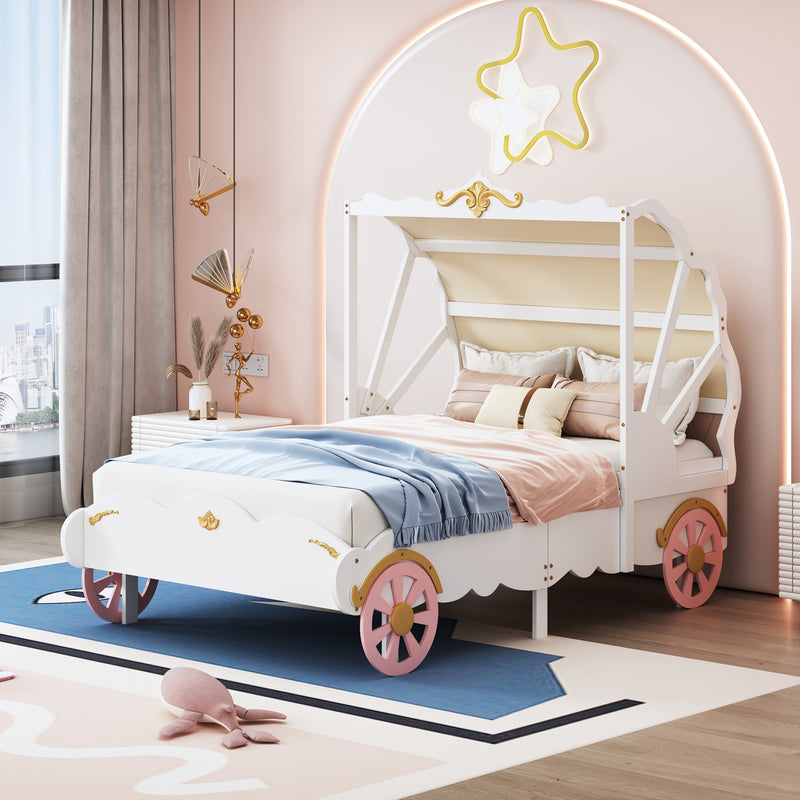 Twin Size Princess Carriage Bed with Canopy Wood Platform Car Bed with 3D Carving Pattern White Pink Gold Atlantic Fine Furniture Inc