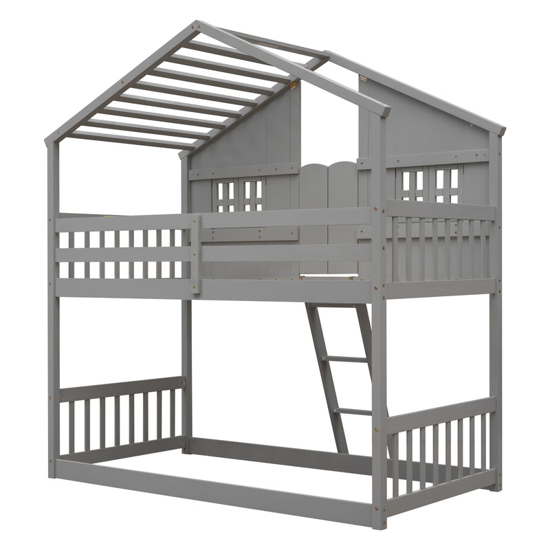 Twin over Twin House Bunk Bed with Roof , Window, Window  Box, Door , with Safety Guardrails and Ladder, Grey