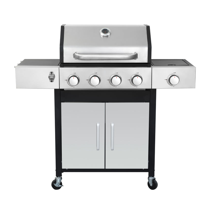 4 Burner Propane Gas Bbq Grill With Side Burner, 46790Btu Output With Enameed Cast Iron Cooking Grids For Outdoor Barbecue, Stainless Steel - Black / Silver