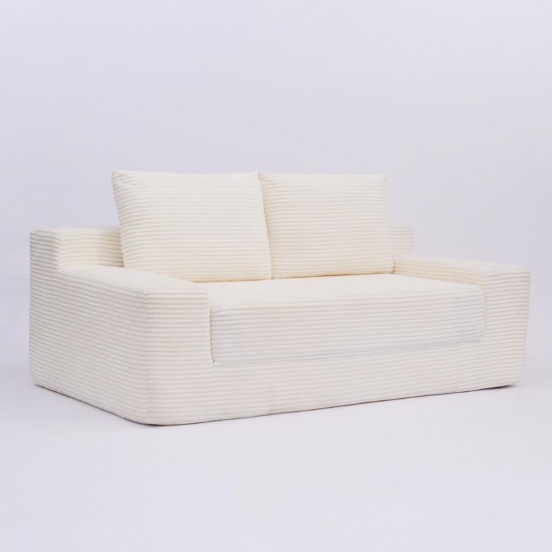 Loveseat Sofa, Comfortable Deep Seat Sofa Bed, Modern Small Corduroy Couch For Living Room Bedroom,Reversible Cushion With Pillows,No Assembly Required,White