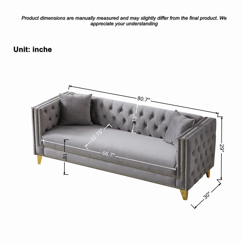 3 Seater Deep Seat Sofa, Sofa With Button Nailhead, Square Arm Couches, Furniture For Living Room - Gray