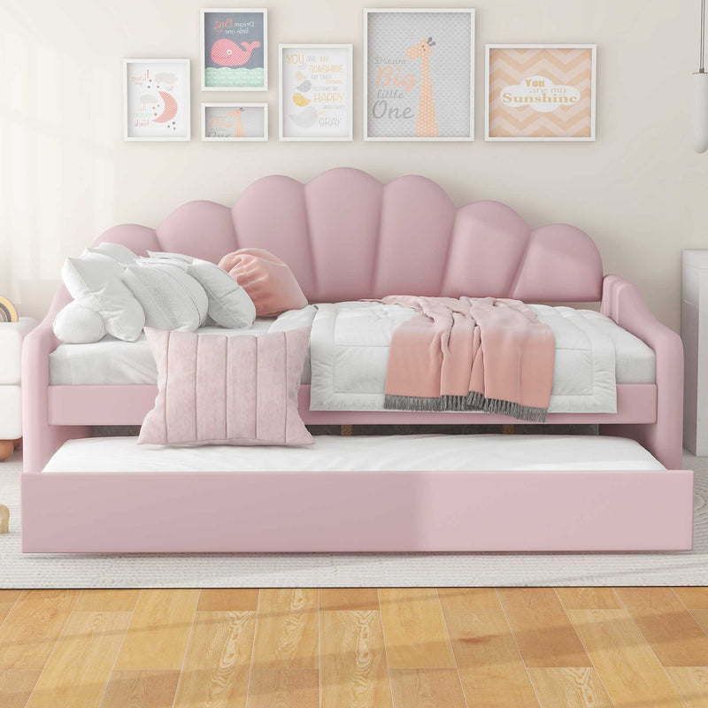 Upholstery Daybed Frame With Shell Shaped Backrest And Trundle