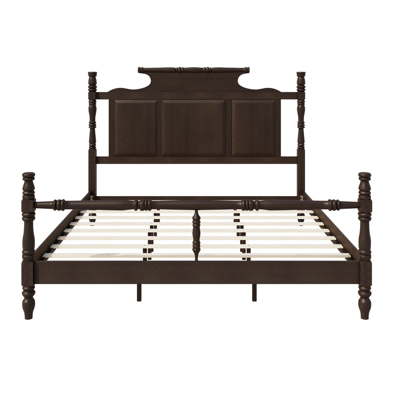 Vintage Country Style 4 Poster Platform Bed With High Crown Like Headboard, No Box Spring Needed