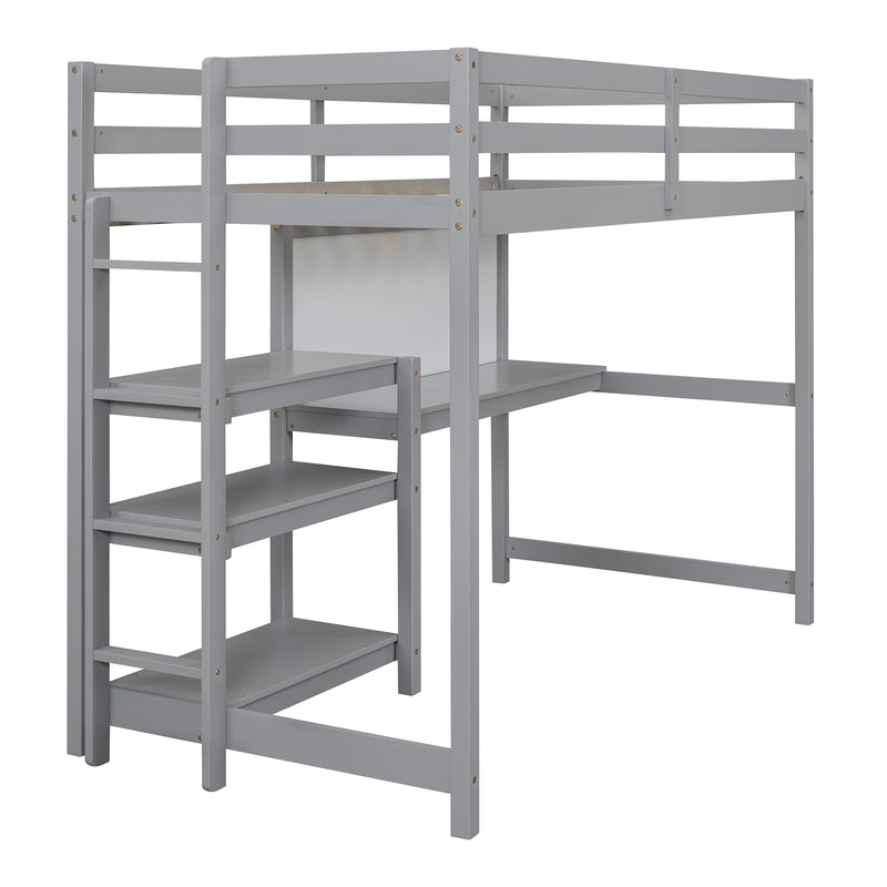 Twin Size Wooden Loft Bed with Shelves, Desk and Writing Board - Gray