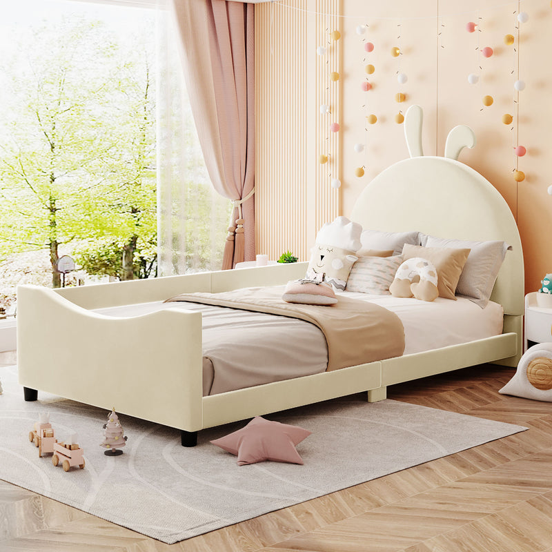 Twin Size Upholstered Daybed with Rabbit Ear Shaped Headboard Beige Atlantic Fine Furniture Inc