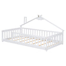 Twin House-Shaped Bedside Floor Bed with Guardrails, Slats, without Door,White